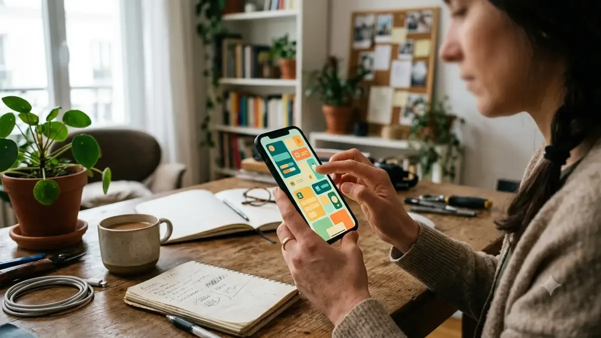 Manos usando un teléfono con interfaz de bloques de color en un escritorio doméstico de estudio, plano medio documental