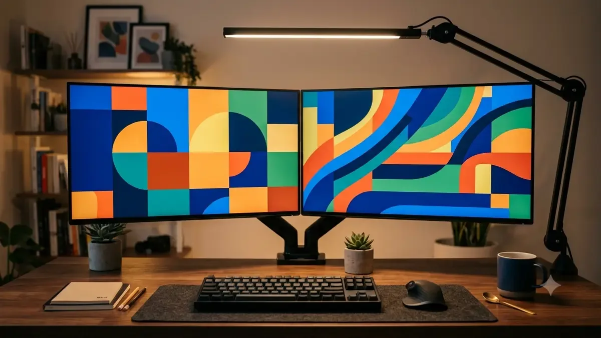 Dos monitores mostrando composiciones de rectangulos y curvas de color