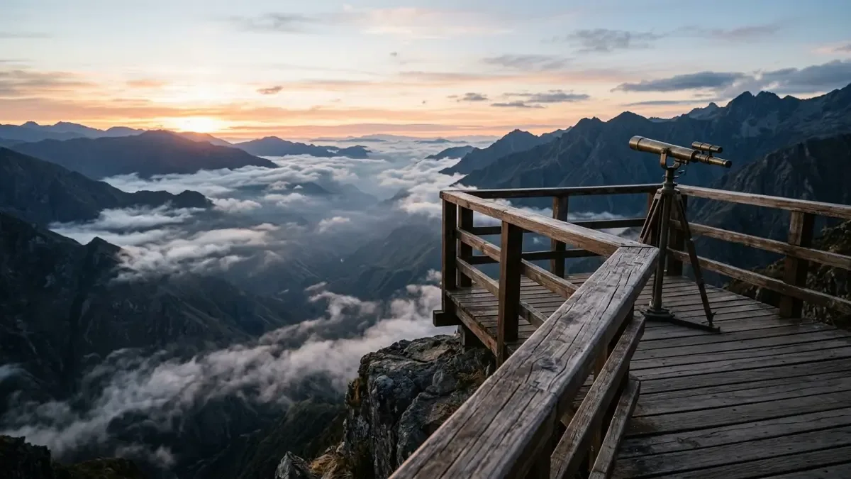 Mirador de madera con baranda y catalejo asomado sobre el valle