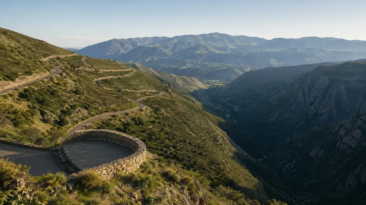 Ruta panorámica de montaña serpenteando entre laderas verdes
