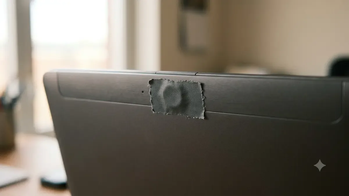 Camara de una notebook tapada con un trozo de cinta adhesiva