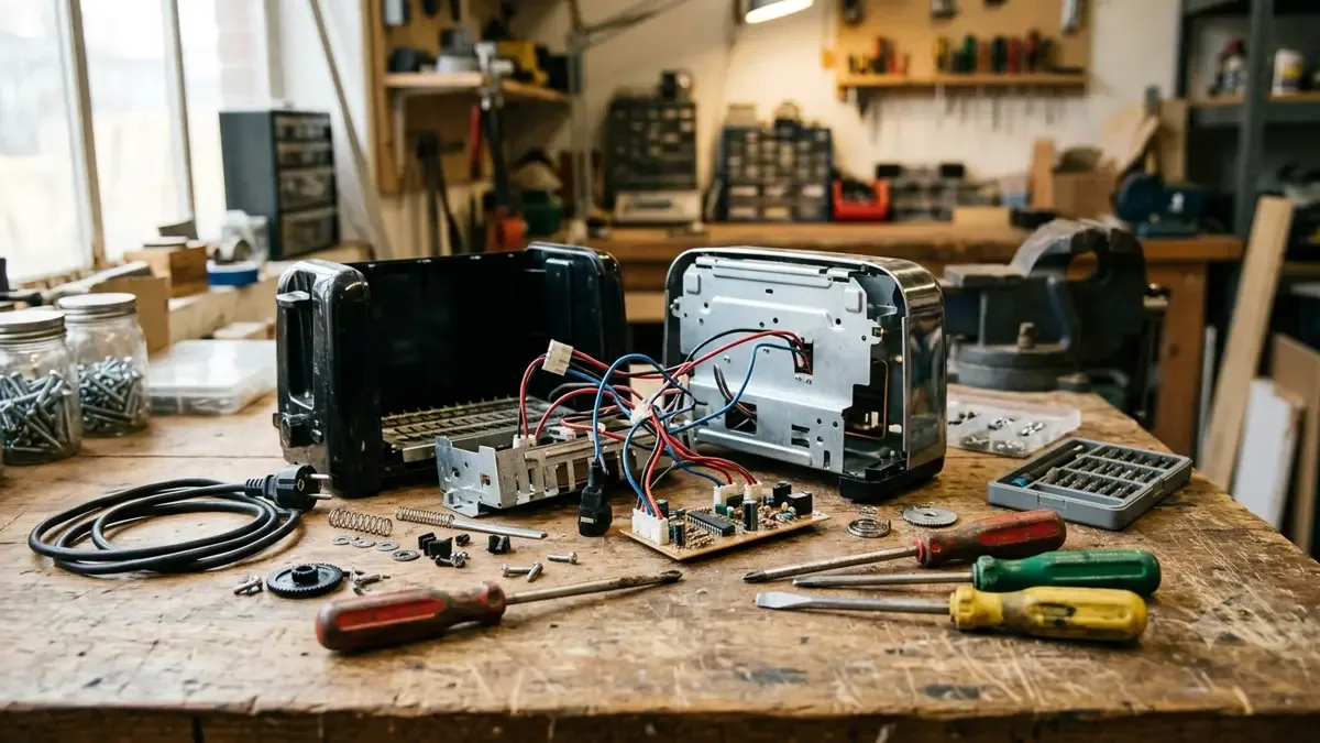 Electrodoméstico desarmado sobre una mesa con herramientas